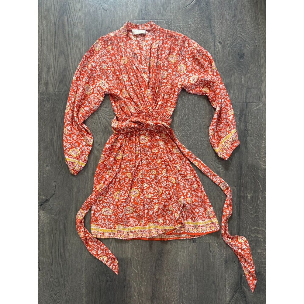 NEW Natalie Martin Silk Nico Long‎ Sleeve Mini Dress w/Sash Orange Red Boho XS